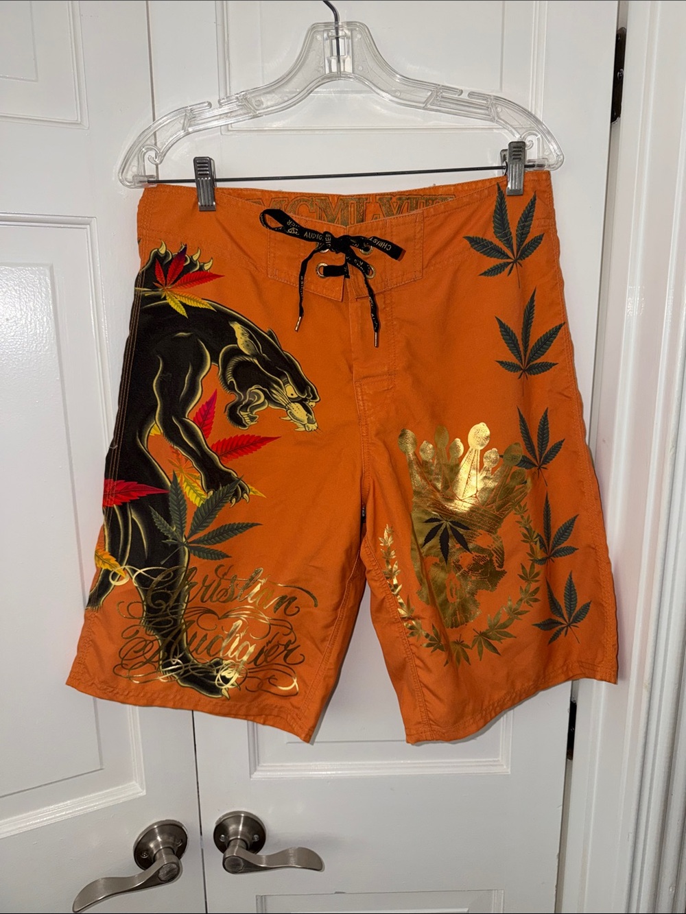 Christian Audigier Orange Board Shorts with Black Panther & Gold Foil